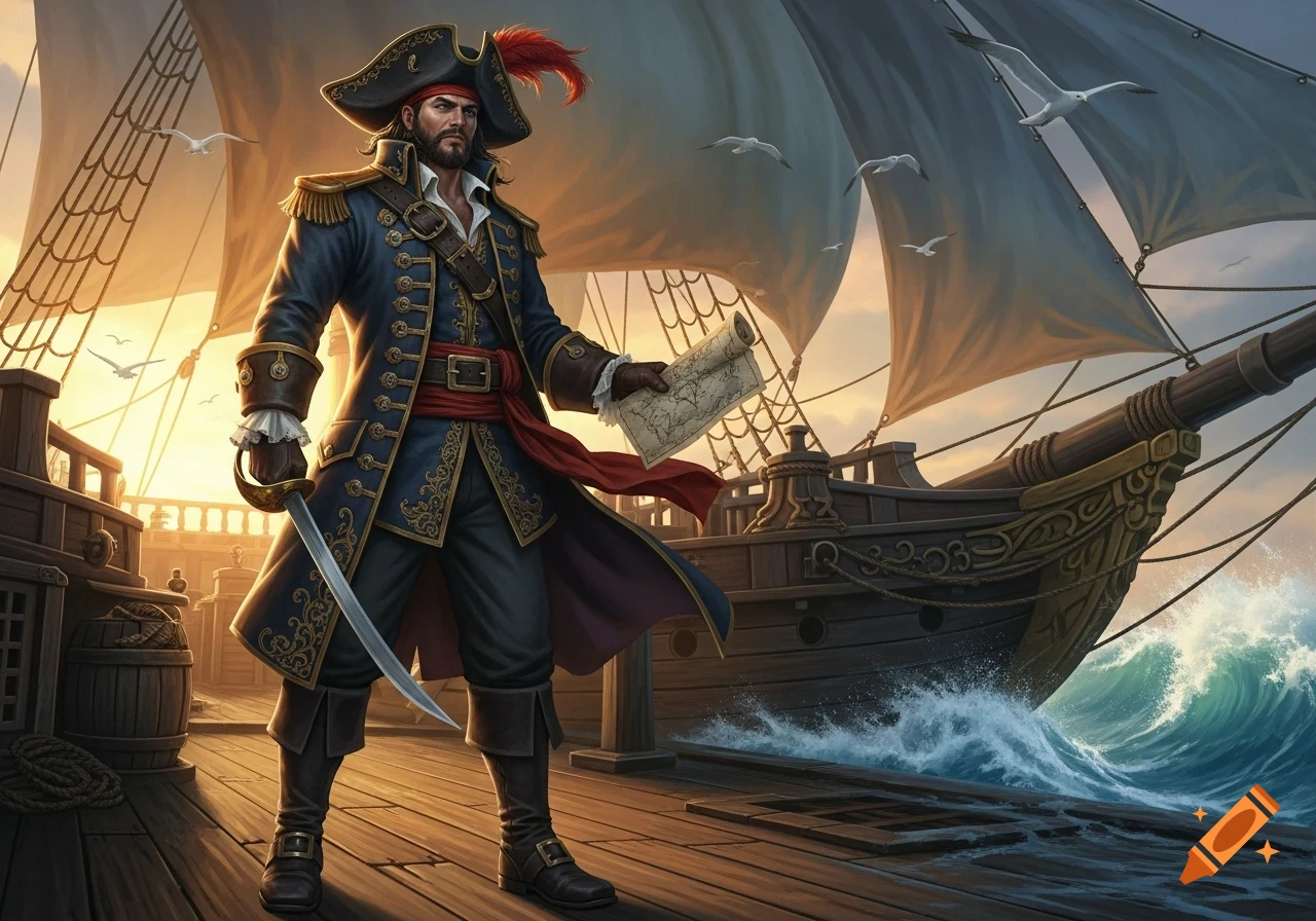 A bearded pirate captain in a blue and gold coat stands on a ship's deck at sunset, holding a map and a sword, with large waves beside the vessel.