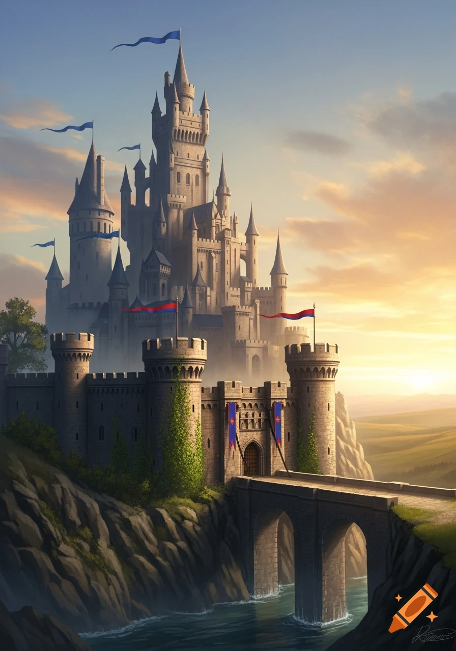 A majestic stone castle on a cliff, with a bridge over a river, set against a warm sunset sky.