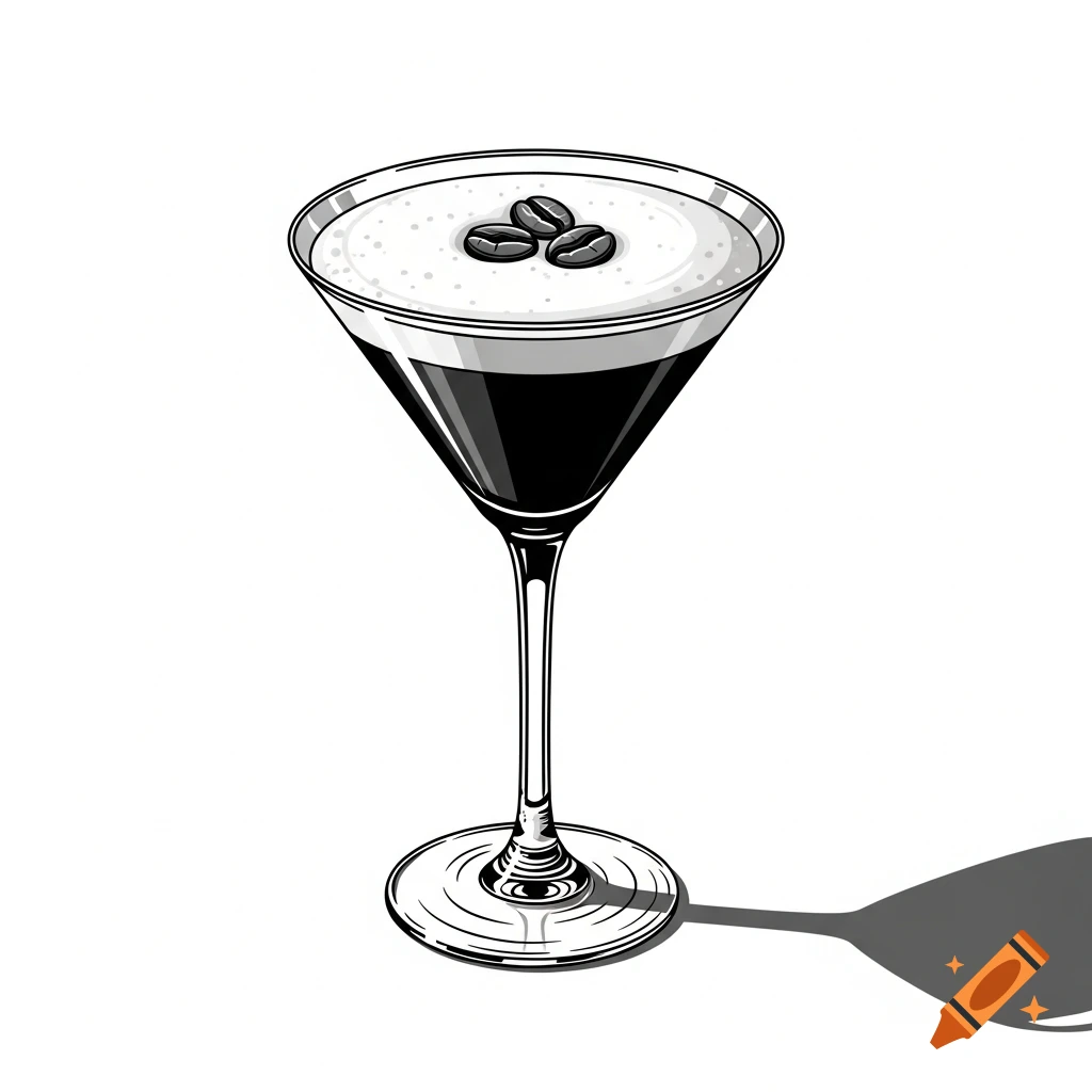 A black and white line drawing of an espresso martini in a martini glass, garnished with three coffee beans.