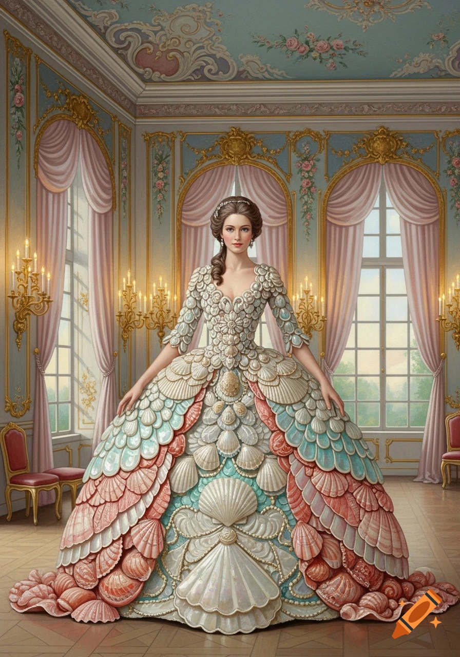 Rococo painting of a woman in an elaborate gown made of colorful seashells, standing in a grand ballroom.