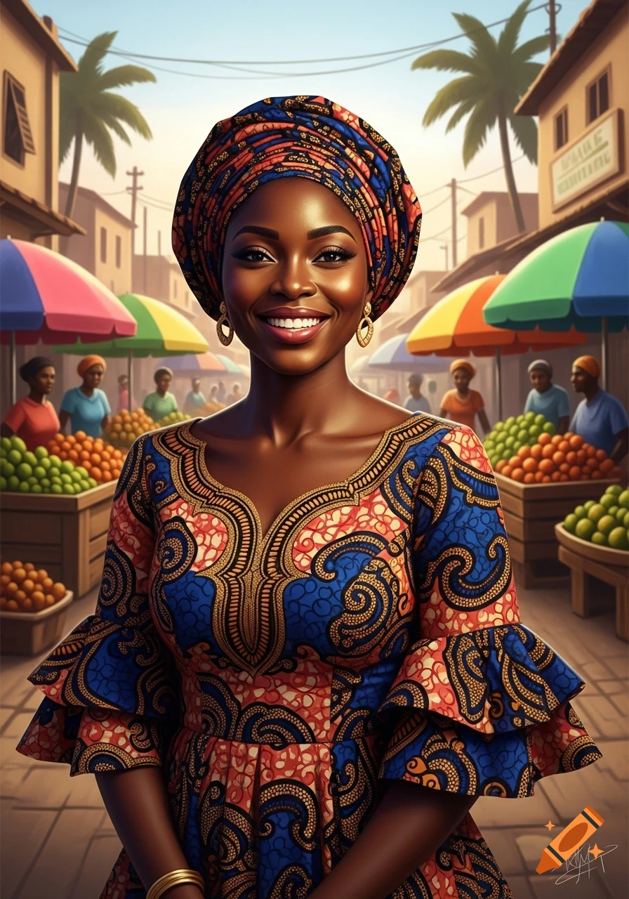 A smiling Black woman in a vibrant, patterned traditional African dress and headwrap stands in a bustling outdoor market with fruit stalls.