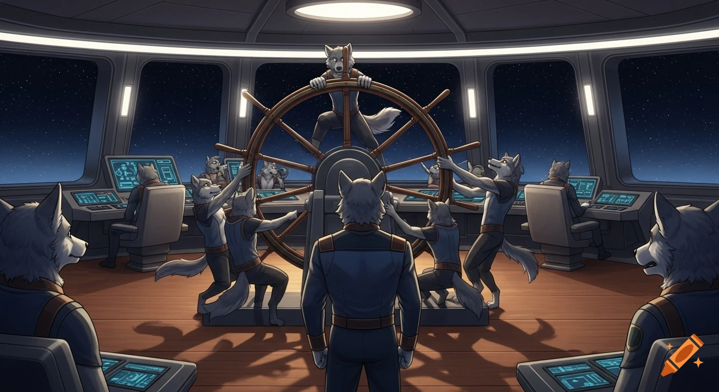 Anthro wolf crew frantically turns an oversized ship's wheel on a spacious spaceship command deck, with stars visible outside.