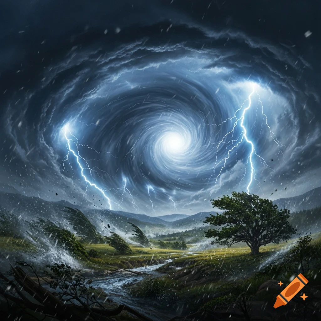 A powerful tornado with lightning over a stormy landscape with a river, windswept trees, and heavy rain.