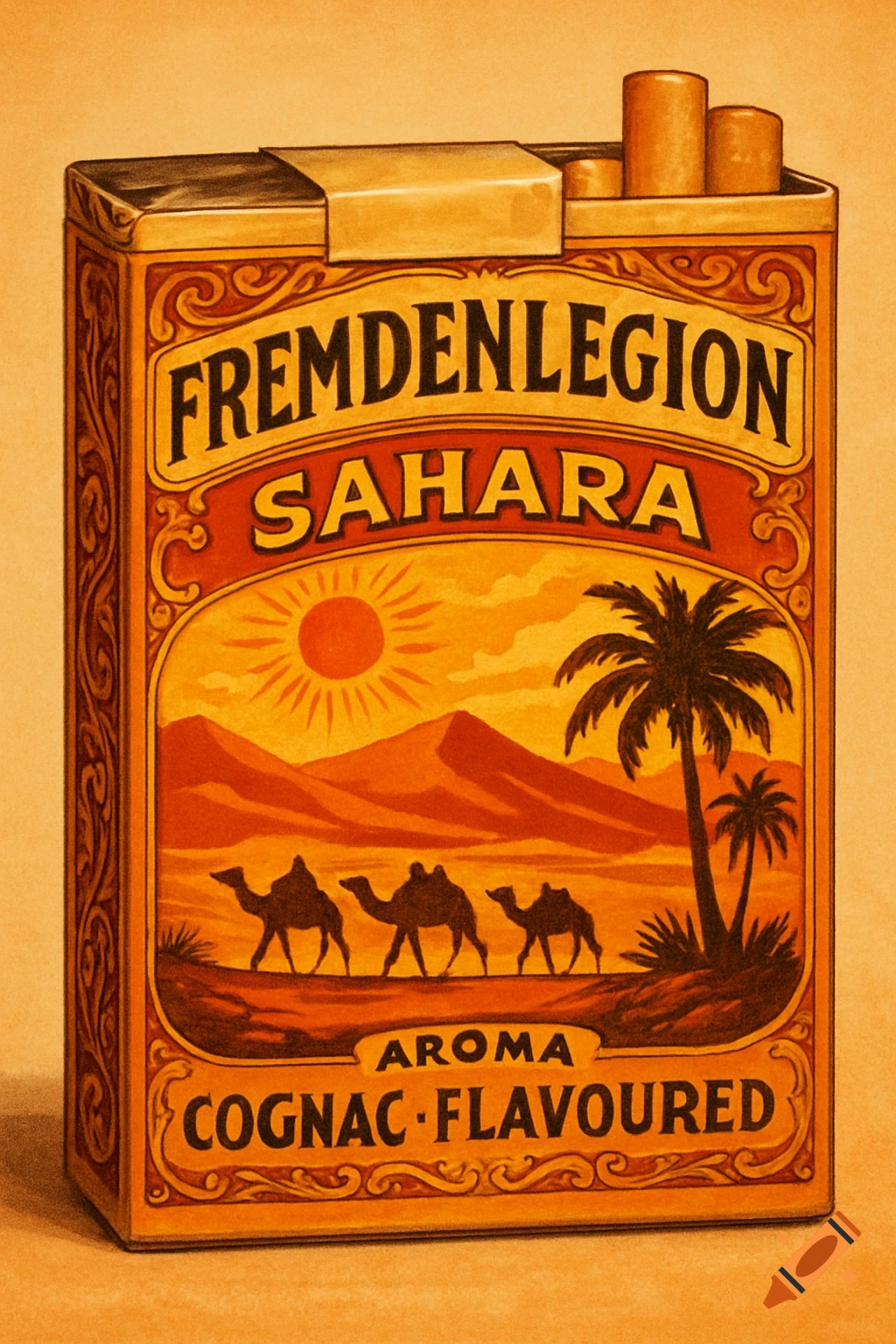 Vintage-style cigarette pack illustration with desert scene, camels, palm trees, and text 'Fremdenlegion Sahara Cognac Flavoured'. There are cigarettes visible at the top of the pack.