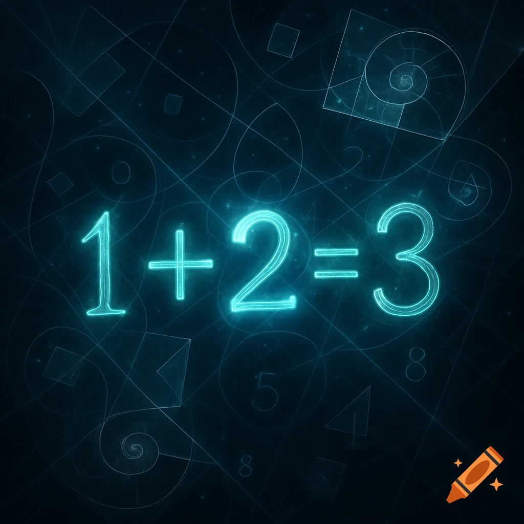 A glowing blue equation '1+2=3' against a dark background with subtle, interconnected geometric patterns.