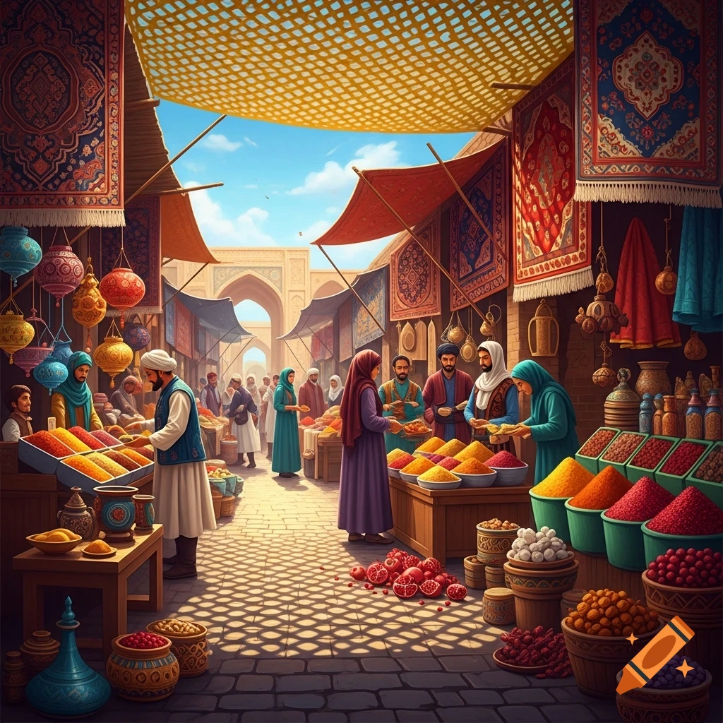 A vibrant, detailed illustration of an outdoor Middle Eastern market with people, colorful spices, carpets, and lanterns.