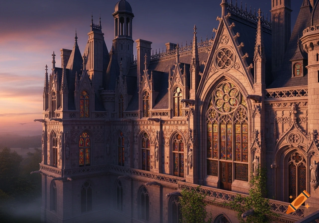 A grand gothic castle facade with ornate stained glass windows at sunset or sunrise.