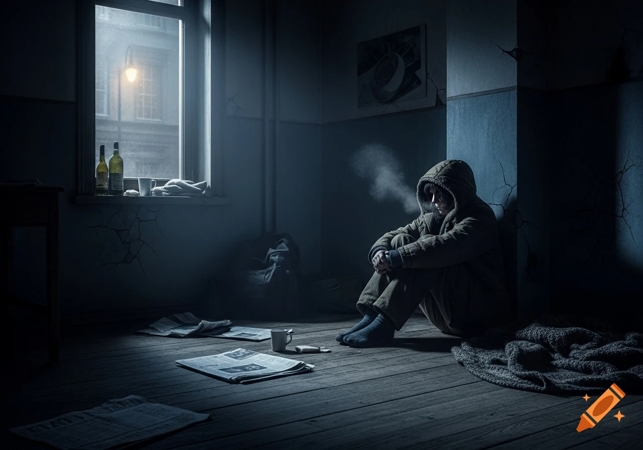 A person in a hooded coat sits on the floor of a cold, rundown room with newspapers scattered, exhaling visible breath.