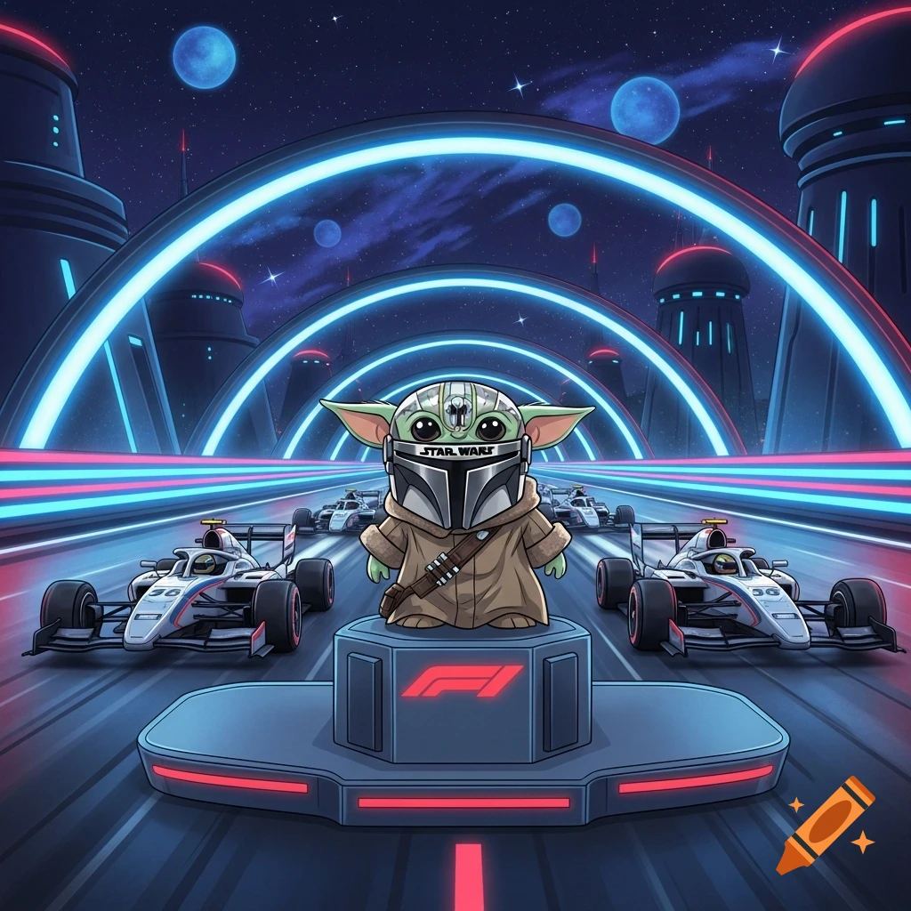 Grogu in a Mandalorian-F1 helmet on a podium, with futuristic F1 cars racing on a glowing track in a space city background, anime style.