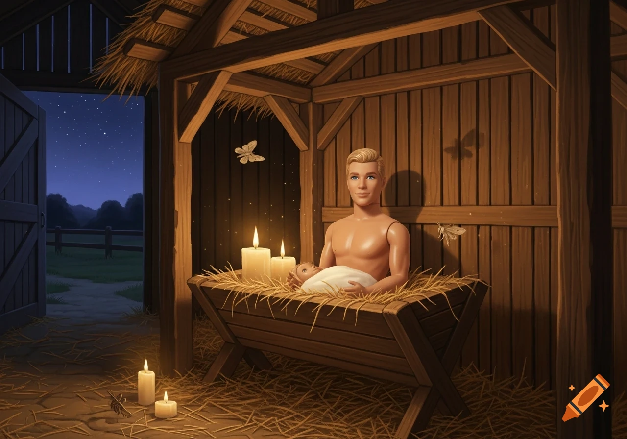 A Ken doll sits in a hay-filled wooden manger, cradling a baby doll, surrounded by glowing candles in a rustic barn at night.