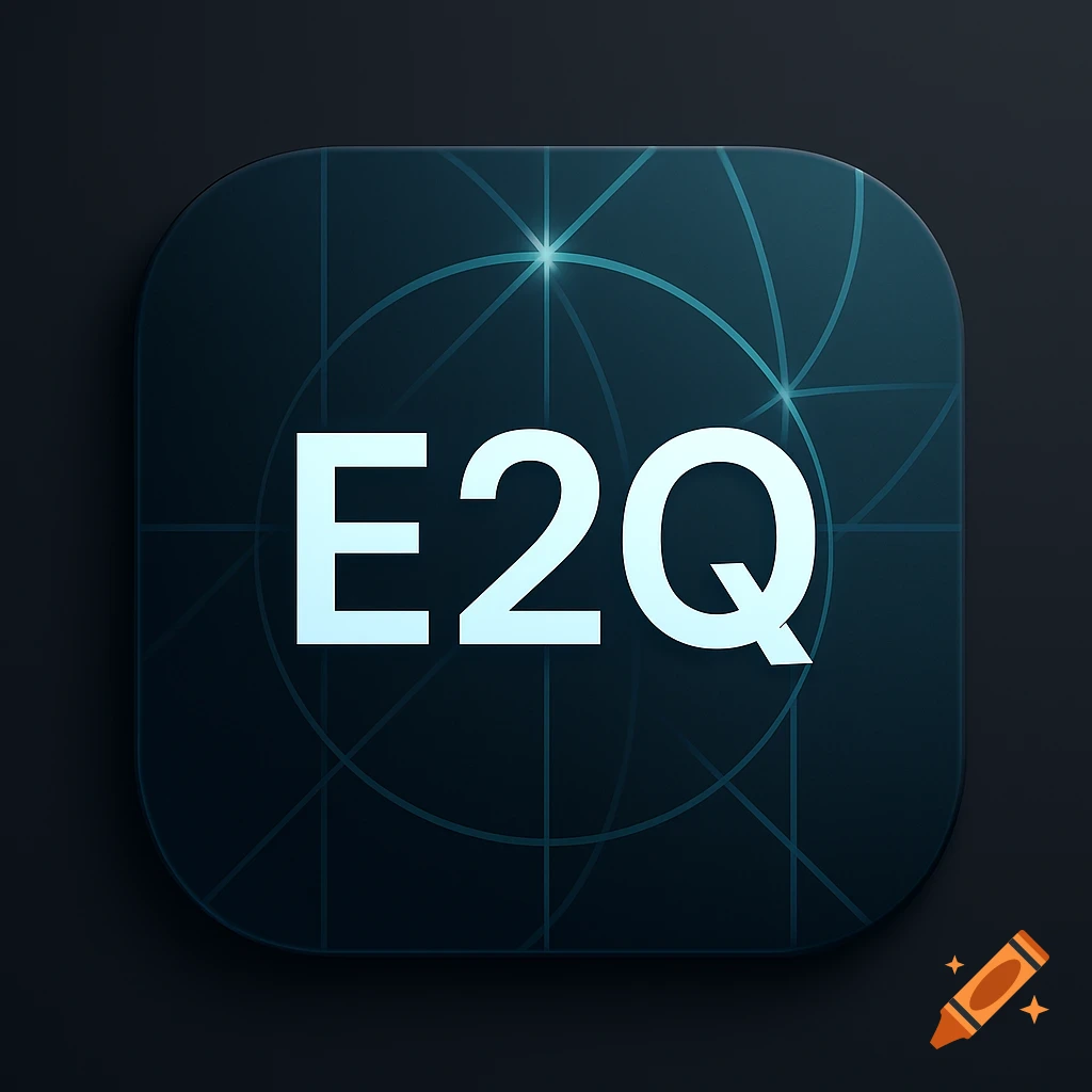 App icon with the white text E2Q on a dark blue background with a subtle grid pattern.