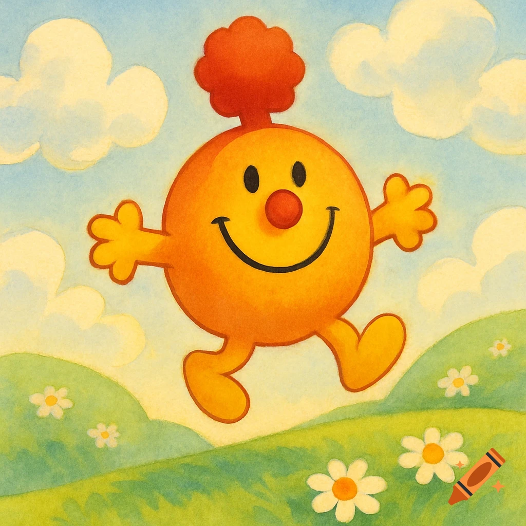 A cheerful orange, round cartoon character with a red nose and a pom-pom hat skips in a green field with daisies, watercolor style.