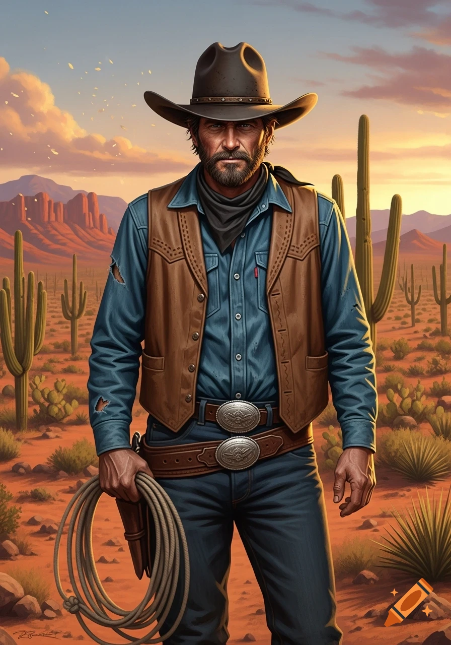 A rugged cowboy in a brown vest and blue shirt stands holding a lasso in a sunlit desert with cacti and mountains.