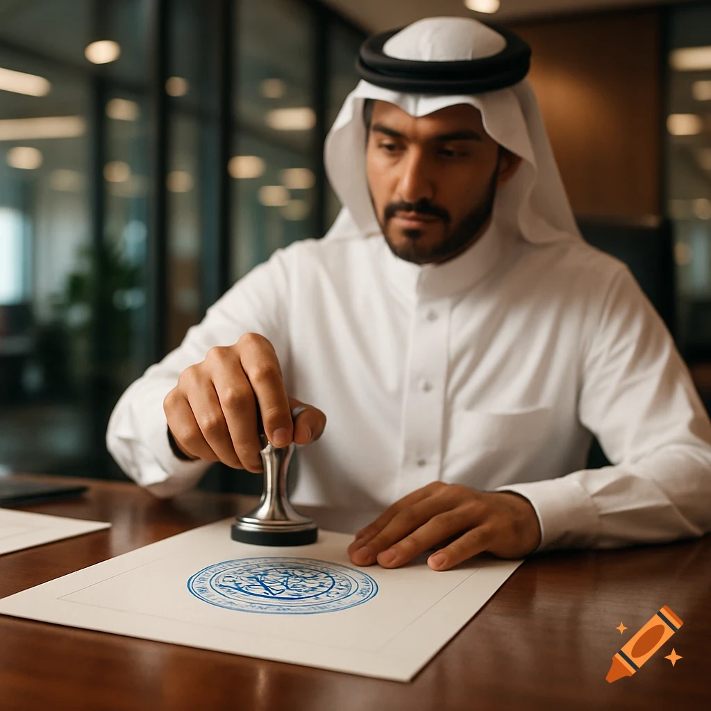 A Saudi man in traditional attire stamps an official document with a blue seal in a modern office setting.