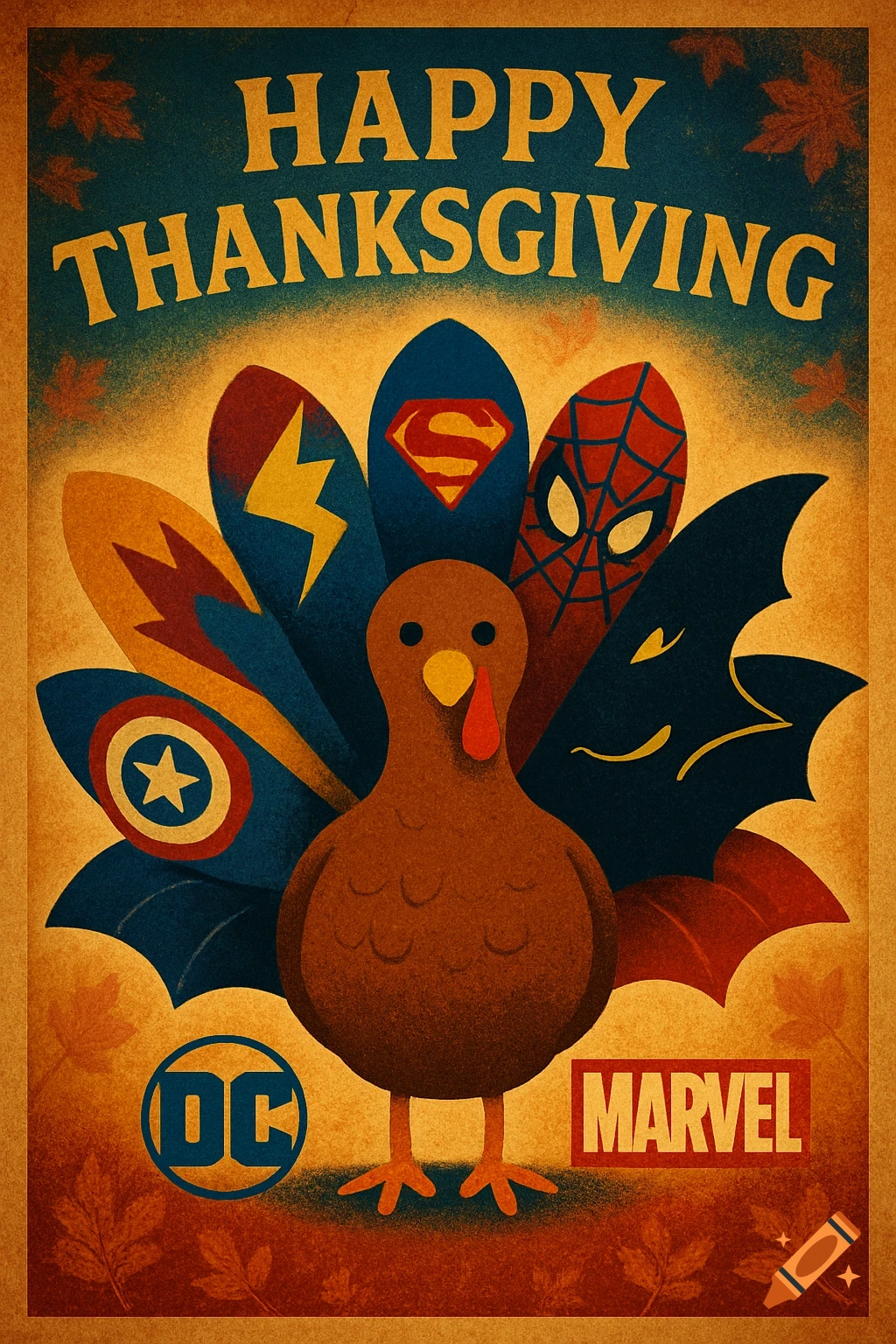 A vintage-style poster depicting a cartoon turkey with superhero logos like Superman, Spider-Man, and Captain America on its feathers, saying 'Happy Thanksgiving', 'DC', and 'MARVEL'.
