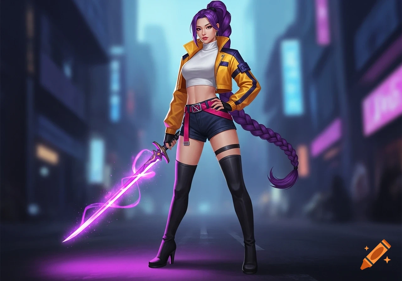 Stylized illustration of a woman with a long purple braid, white crop top, yellow jacket, dark shorts, and black boots, holding a glowing purple sword in an urban setting.