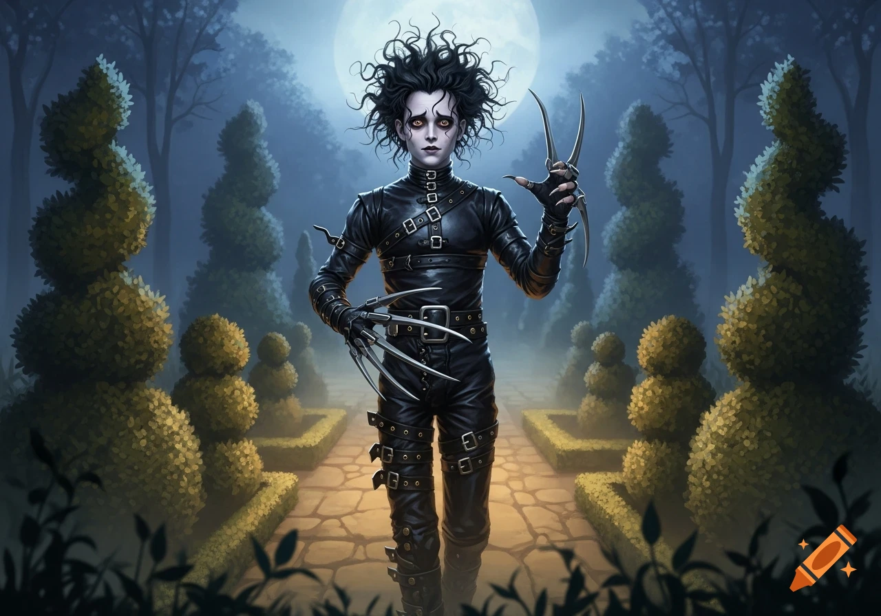 Edward Scissorhands stands in a moonlit topiary garden, wearing a black leather suit with buckles and scissor-like hands.