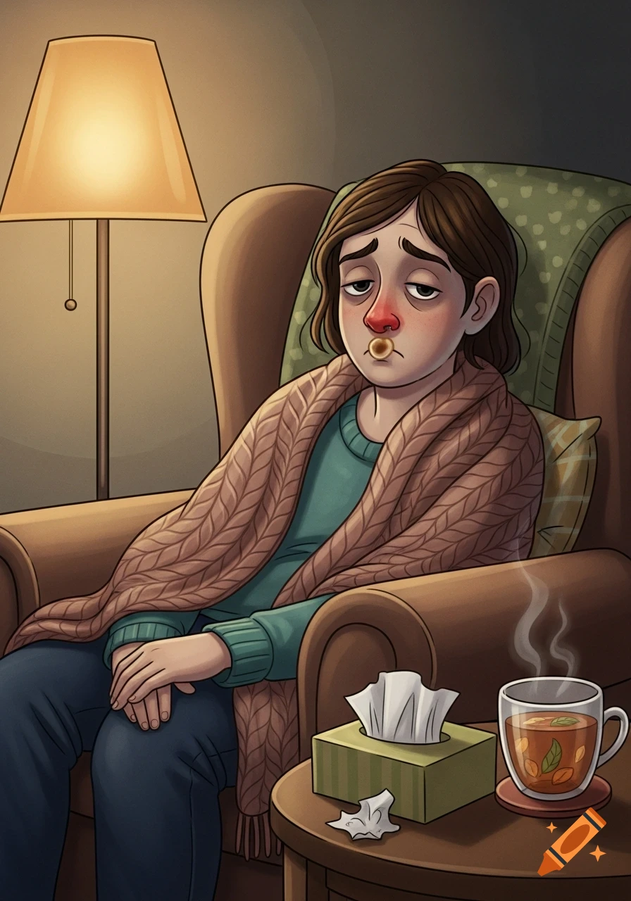 Cartoon of a sick person with a red nose, booger, wrapped in a blanket, sitting in an armchair next to tea and tissues.