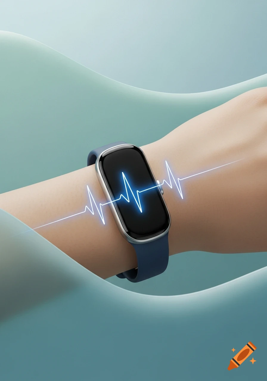 A person's wrist wearing a modern blue smart bracelet displaying a glowing blue heartbeat line on a serene blue-green background.