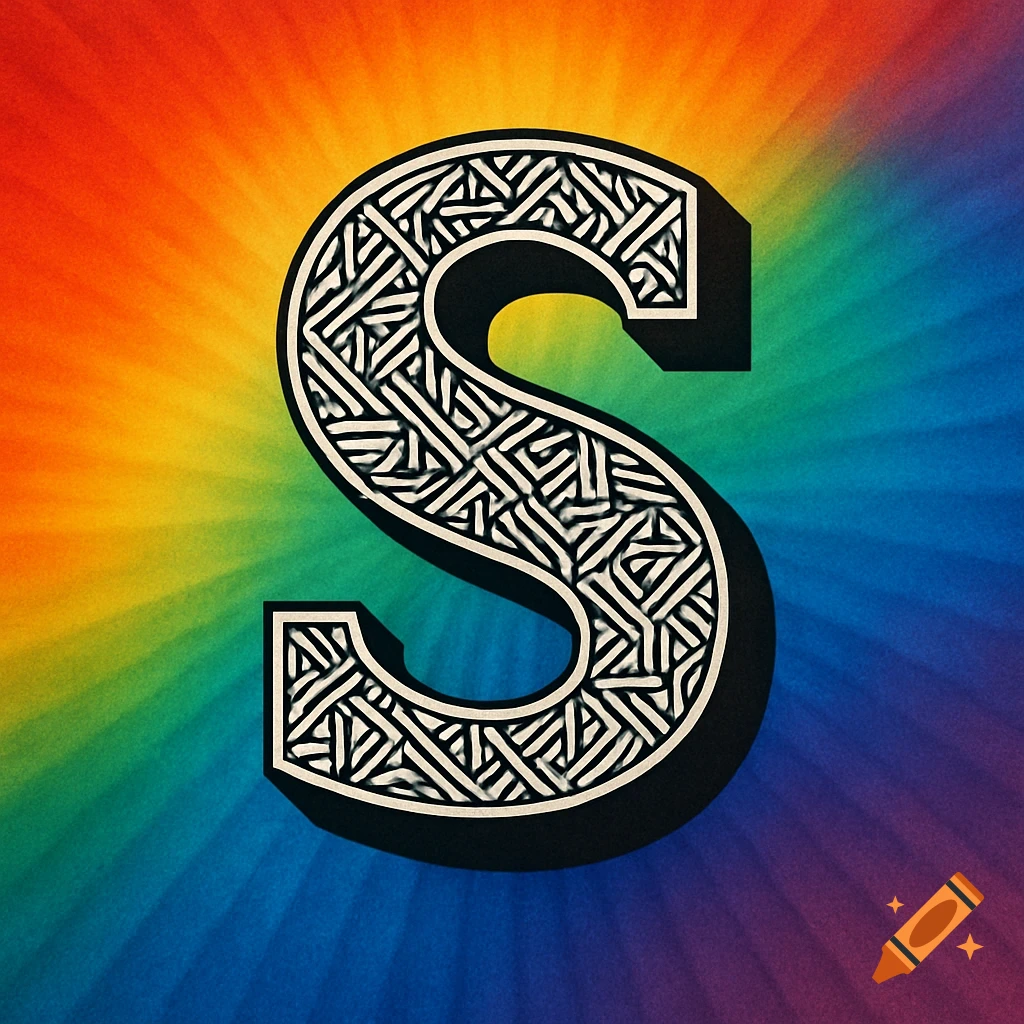 A stylized black and white letter S filled with an intricate geometric pattern, centered on a vibrant rainbow-colored background with sunburst rays.
