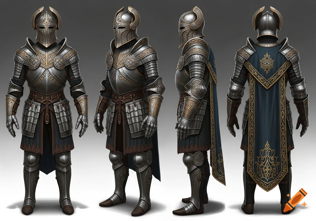 Four full-body views of elaborate silver and gold fantasy armor with a masked helmet, featuring intricate Byzantine patterns and a blue cape.