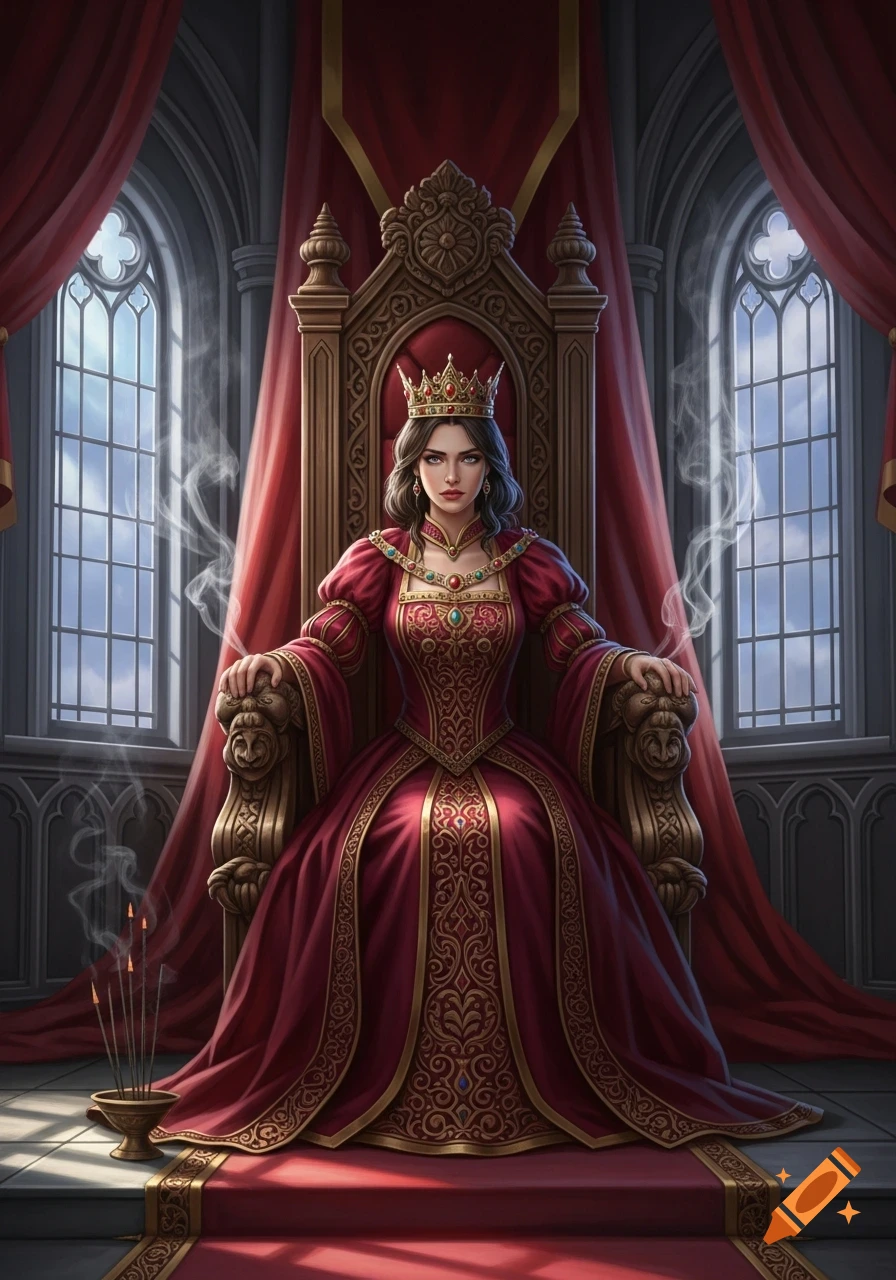 A young queen in a red and gold gown and crown sits on a grand throne inside a castle, with incense burning.