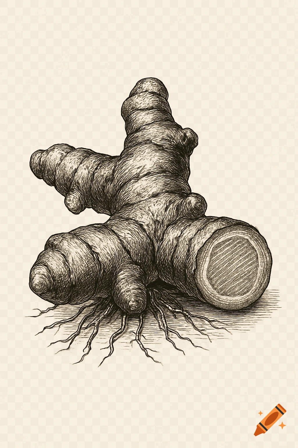 Vintage botanical engraving of a turmeric root with roots, showing a sliced end, in a detailed monochrome etching style on a light background.
