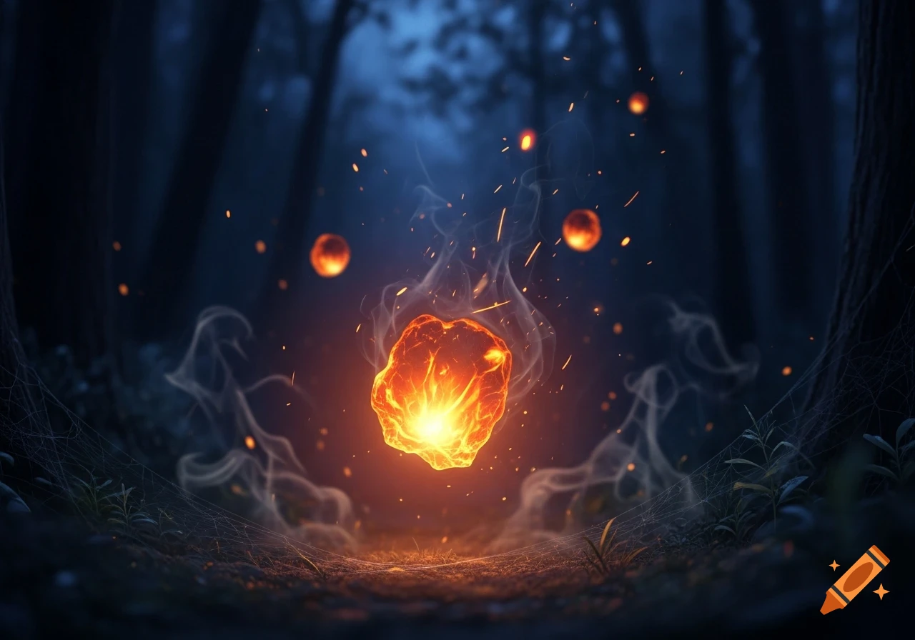 A glowing, fiery ember hovers in a dark forest, surrounded by smoke, sparks, and illuminated spiderwebs.
