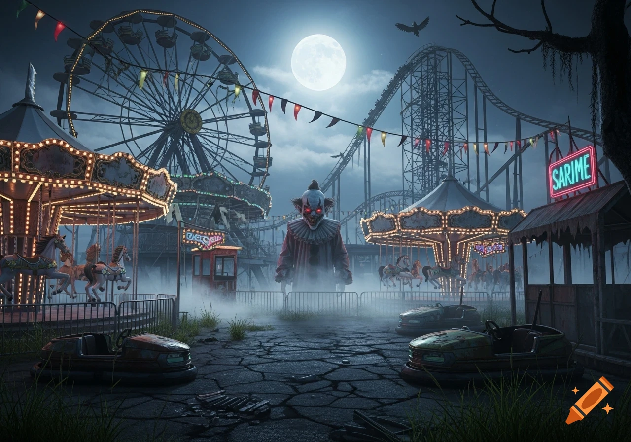 A creepy clown with glowing red eyes in a foggy, abandoned amusement park at night, featuring a ferris wheel, roller coaster, and carousels.