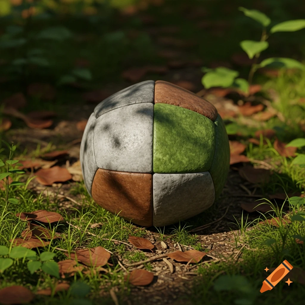 A segmented sphere in stone gray, earth brown, and leaf green rests on a forest floor amidst grass and fallen leaves, bathed in dappled sunlight.