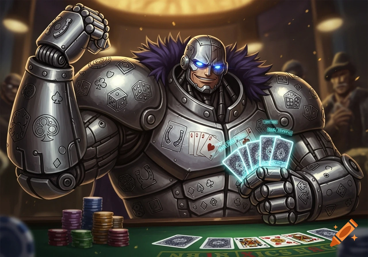 A smiling cyborg in detailed silver armor, covered in playing card symbols, holds glowing poker cards at a casino table with chips.