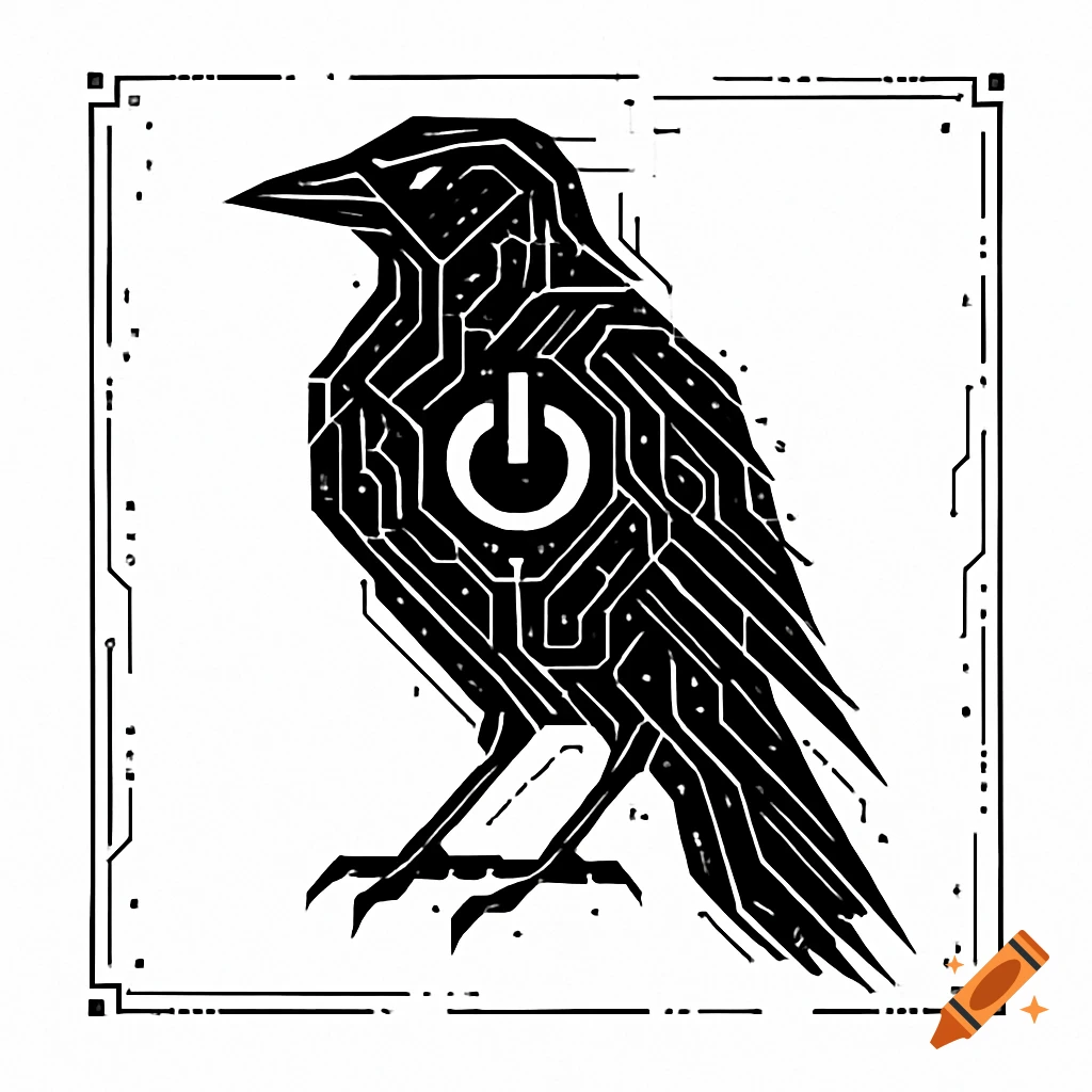 Black and white cyberpunk logo of a bird with circuit board patterns and a power symbol on its chest, within a geometric border.
