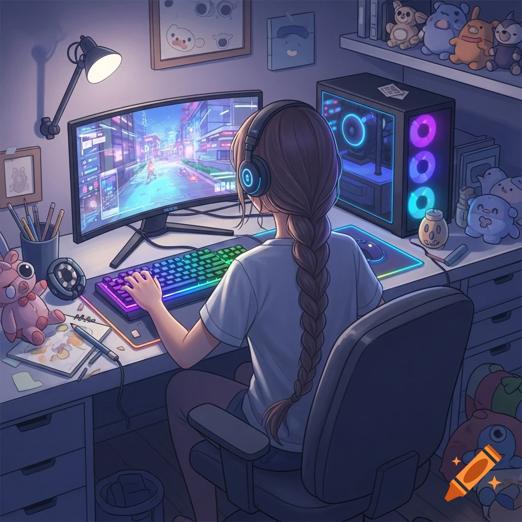 Anime-style illustration of a girl with a braid playing a colorful video game on a curved monitor at night.