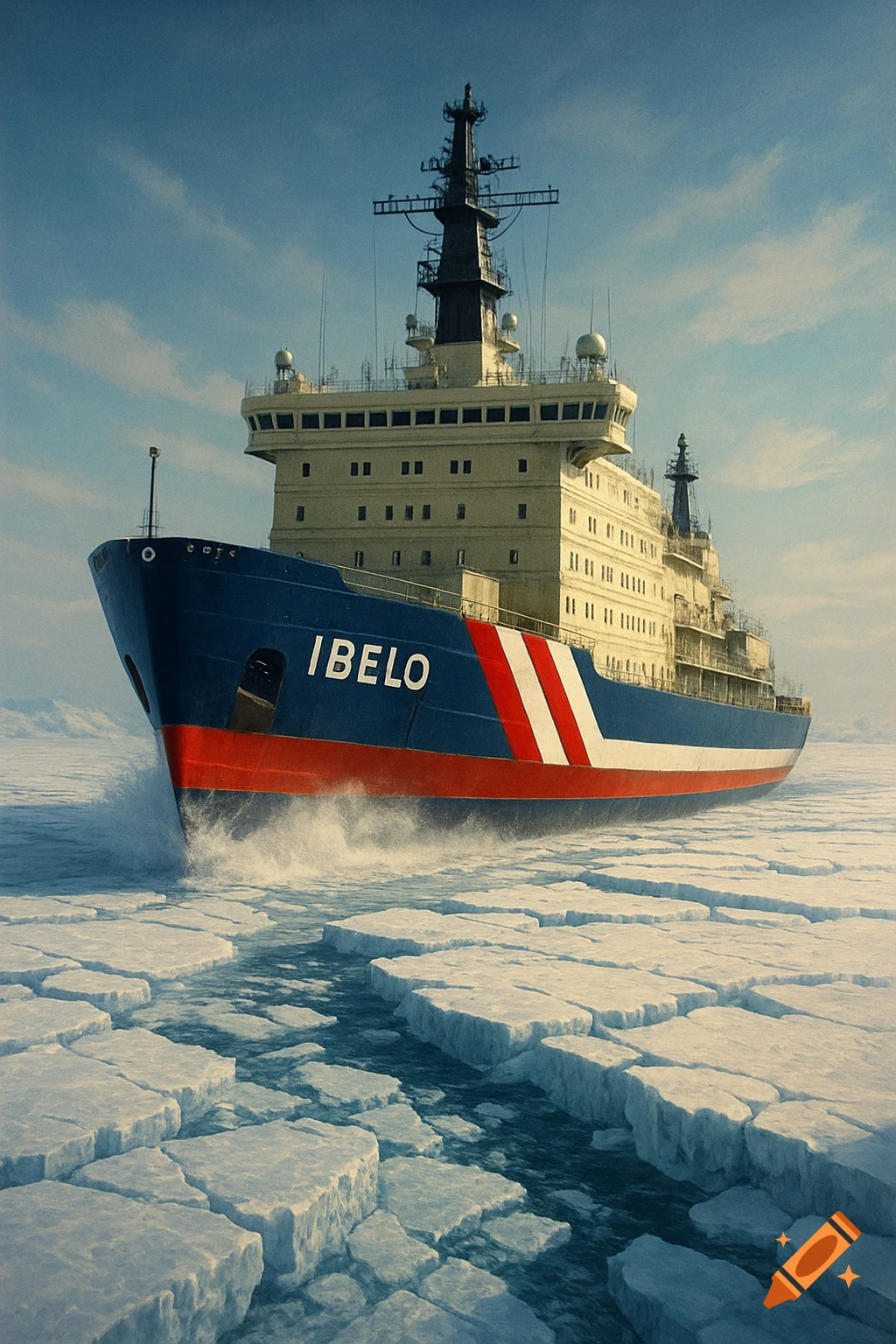 Photorealistic icebreaker ship named IBELO with red, white, and blue stripes cutting through thick arctic ice under a blue sky.