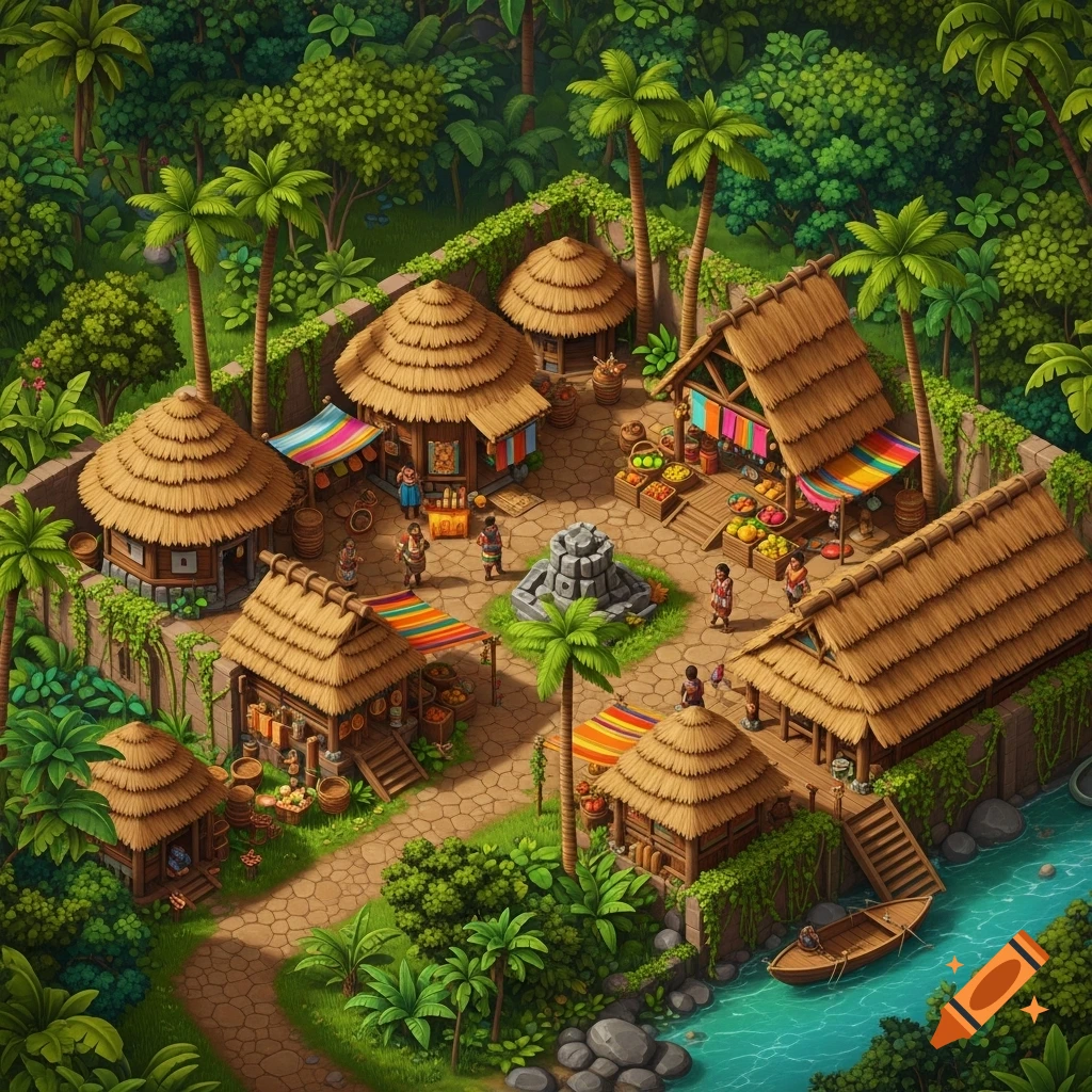 Isometric RPG game art of a vibrant South American jungle village with thatched huts, market stalls, people, and a river with a boat.