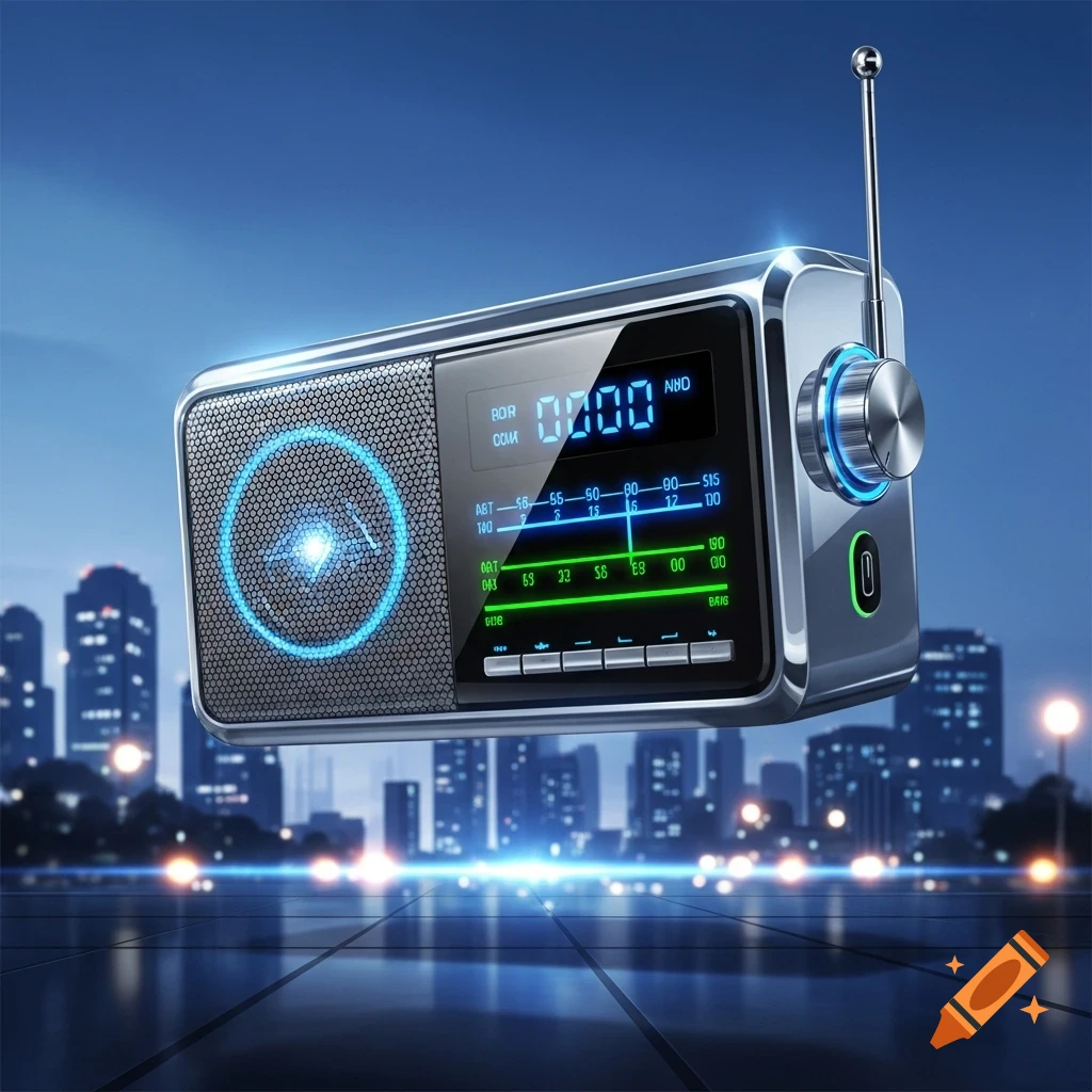 A sleek, modern silver radio with a glowing blue digital display and speaker, floating above a reflective surface with a blurred city skyline at night in the background.