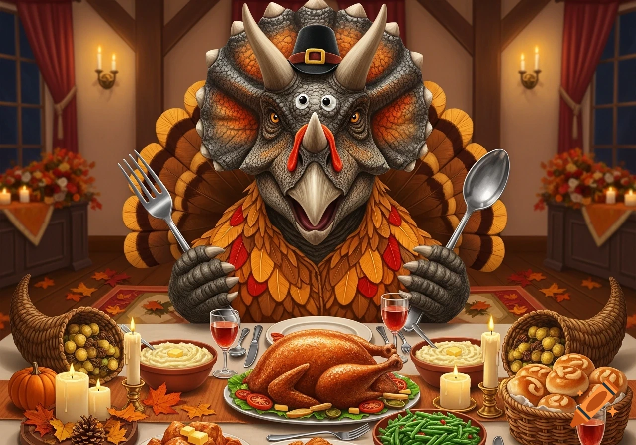 A cartoon triceratops with turkey feathers and a pilgrim hat sits at a Thanksgiving table with a roasted turkey and other dishes.