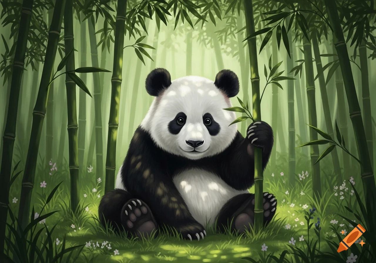An illustrated panda sits in a lush bamboo forest, holding a bamboo stalk.