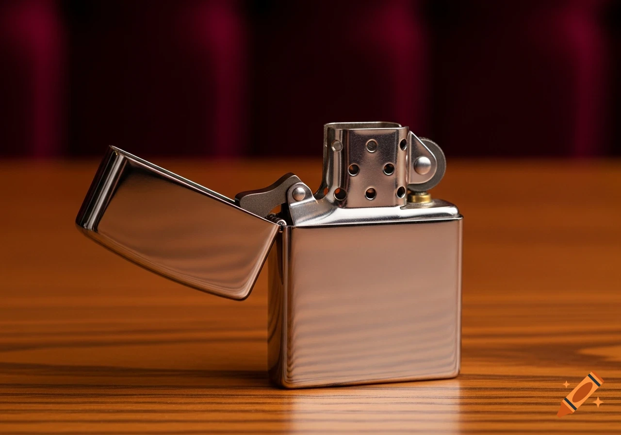 A shiny metallic lighter, with its lid open, rests on a wooden table.
