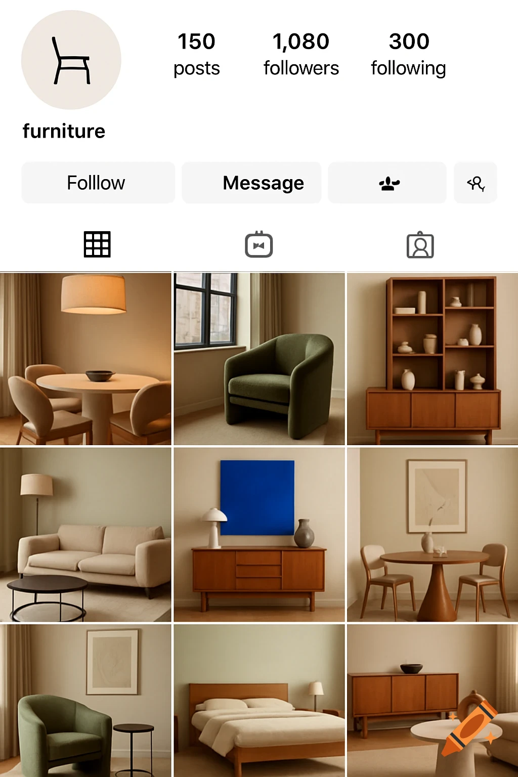 An Instagram profile page displaying a grid of modern furniture and interior design photos with posts, followers, and following counts.