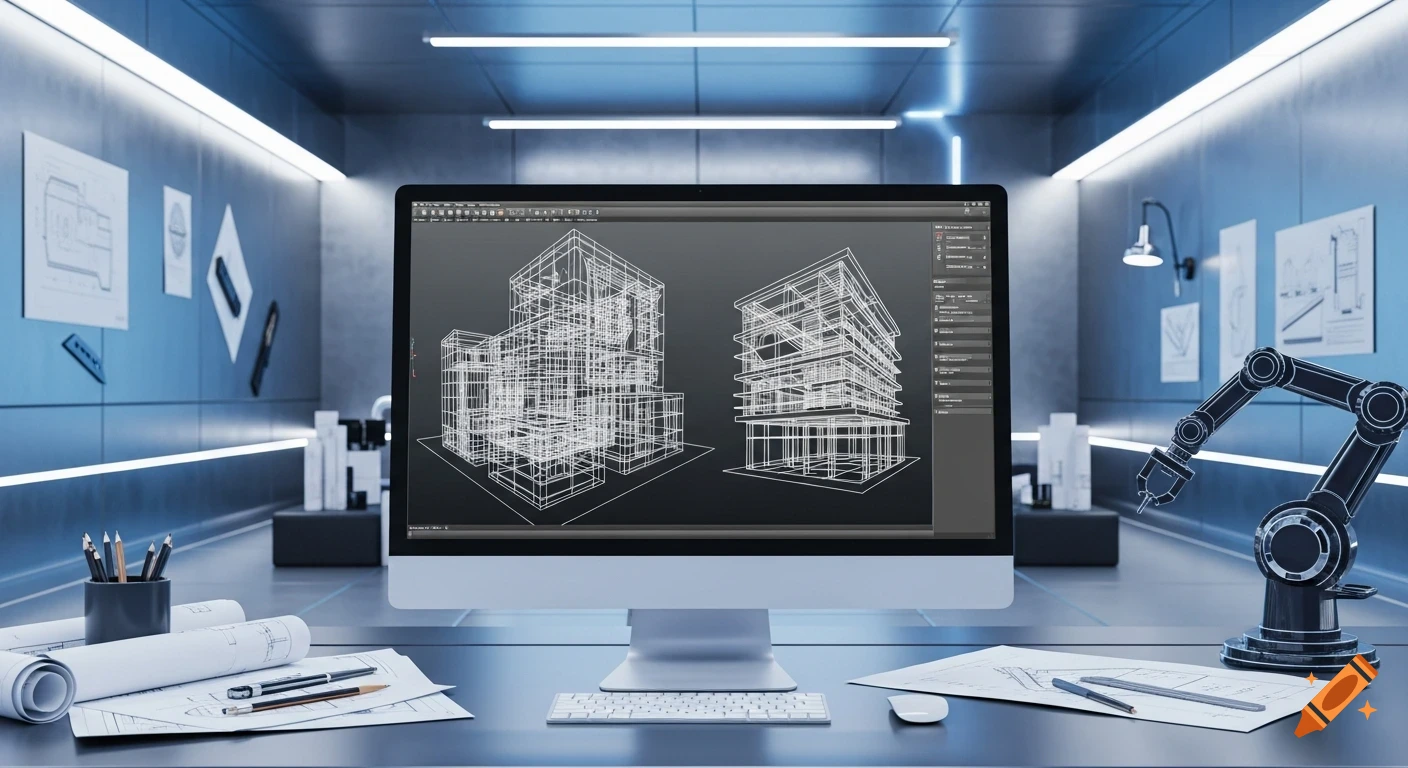 Modern desk with a computer displaying architectural CAD wireframe models, blueprints, pencils, and a robotic arm in a futuristic room.