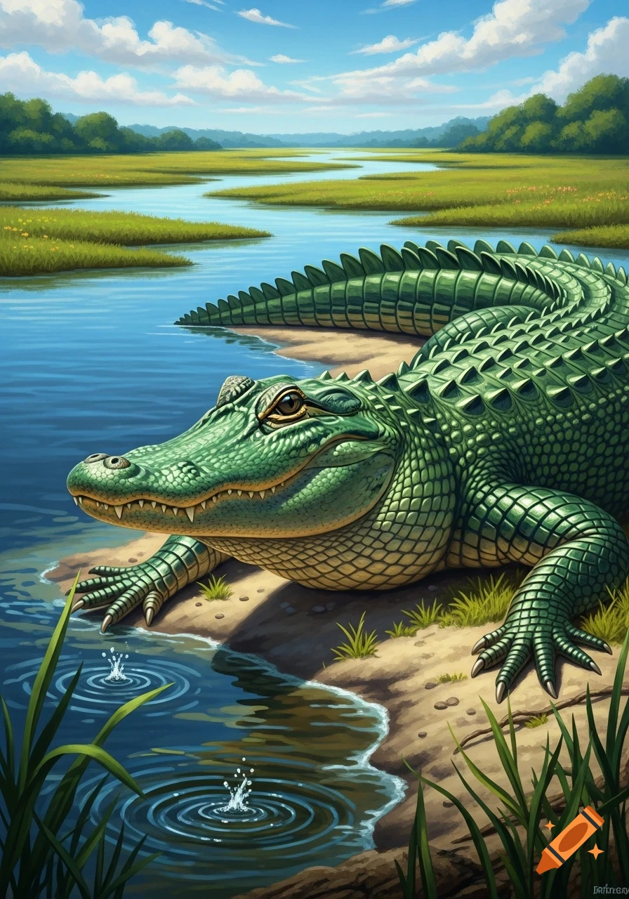A stylized green alligator rests on a sandy bank beside a winding river, with grassy marshlands under a blue sky.