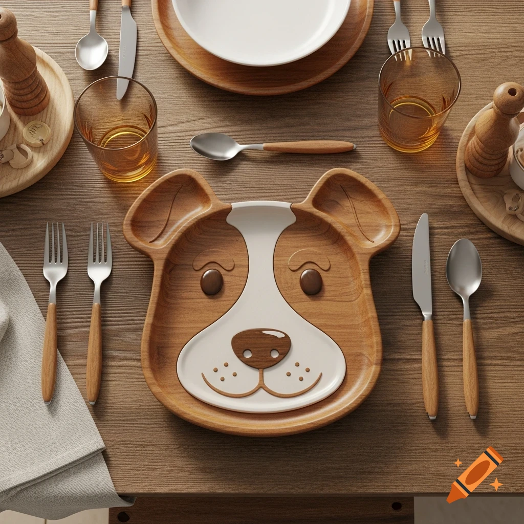 A photorealistic top-down view of a modern table setting featuring a brown and white dog-shaped wooden plate, wooden cutlery, and glasses.