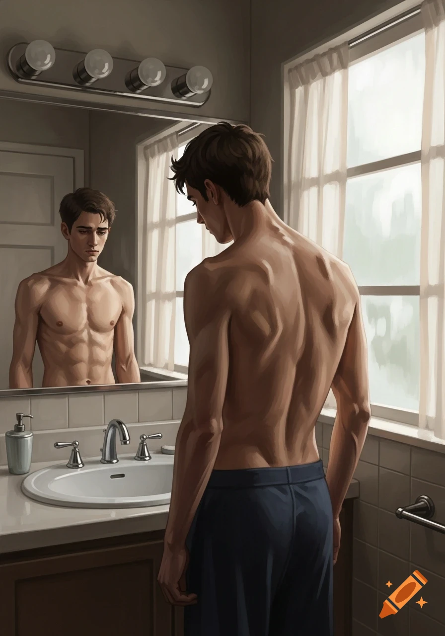 Illustrated young man with a lean physique, shirtless, looking sadly at his reflection in a bathroom mirror.