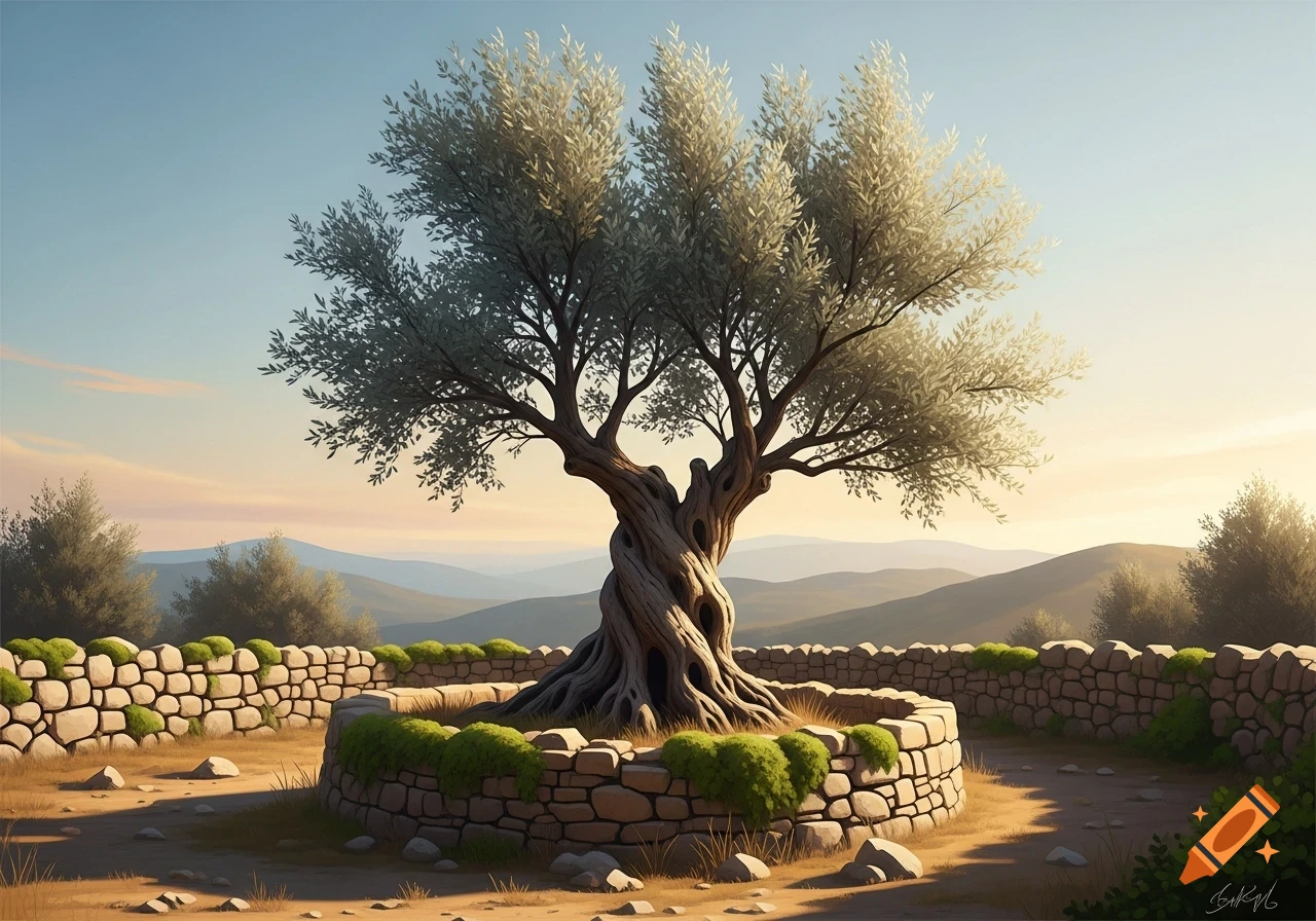 Gnarled olive tree in a circular stone wall, surrounded by a low stone fence, in a sunny landscape with rolling hills.
