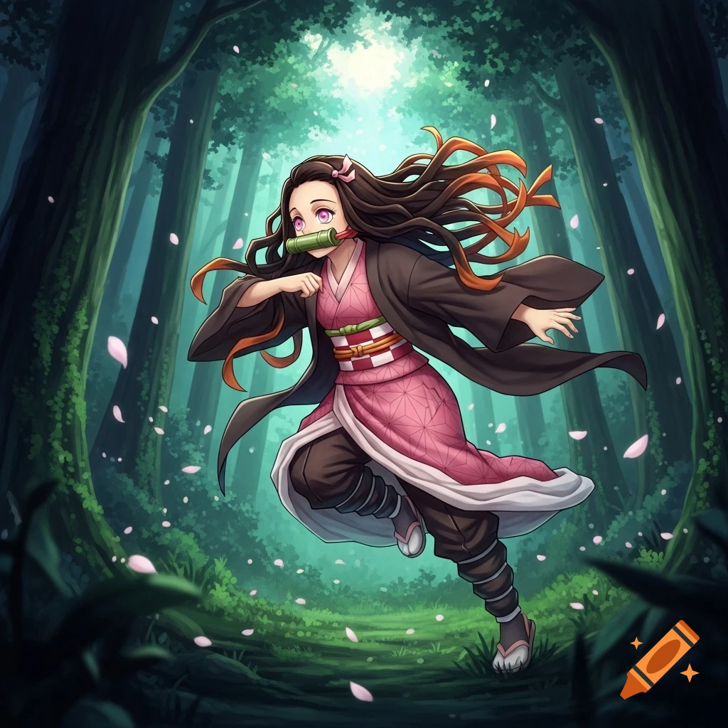 Anime illustration of Nezuko Kamado in a kimono, running through a dark forest with light and falling pink petals.