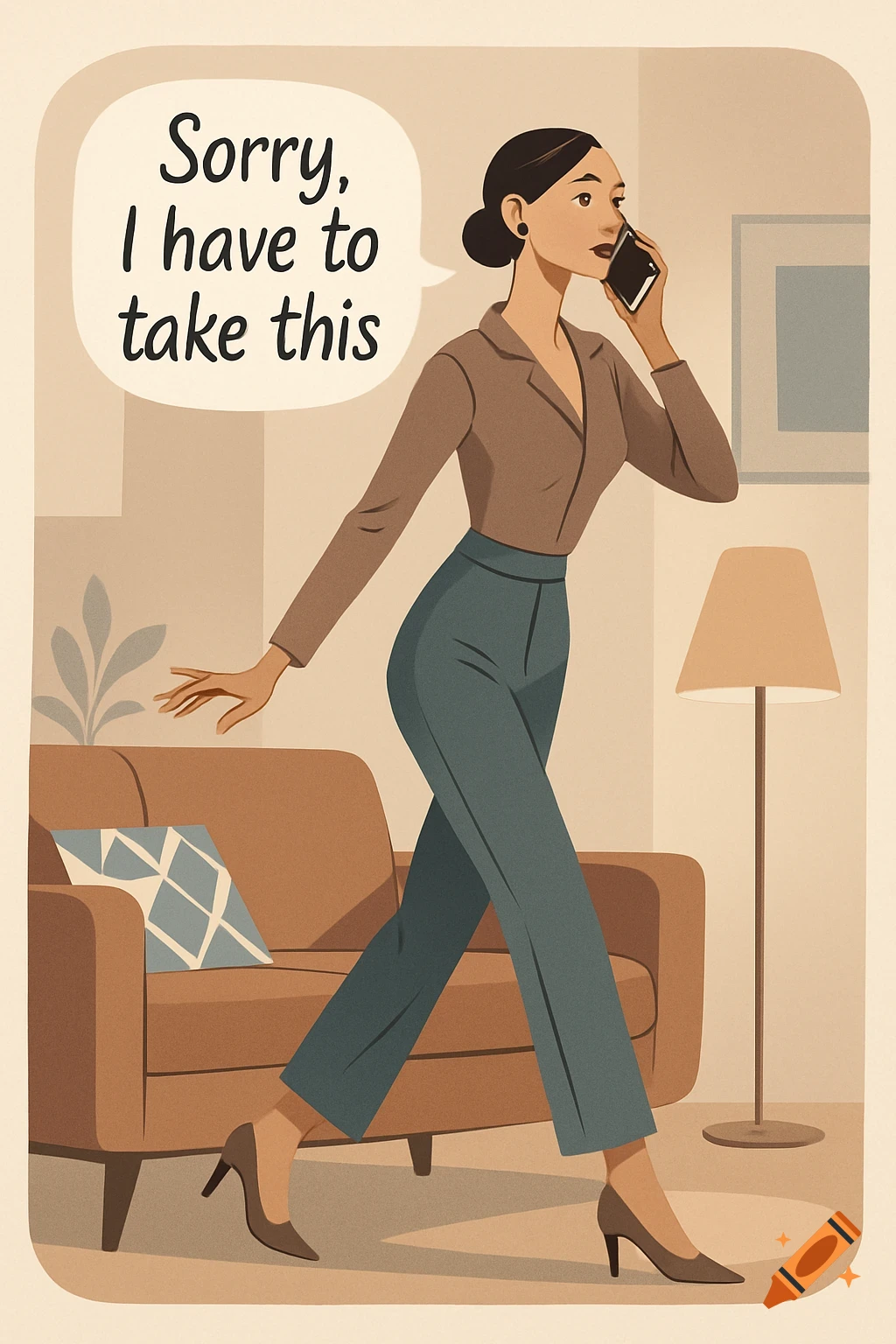 An illustration of a woman in a brown blouse and blue pants walking past a couch, holding a phone to her ear. A speech bubble reads 'Sorry, I have to take this'.