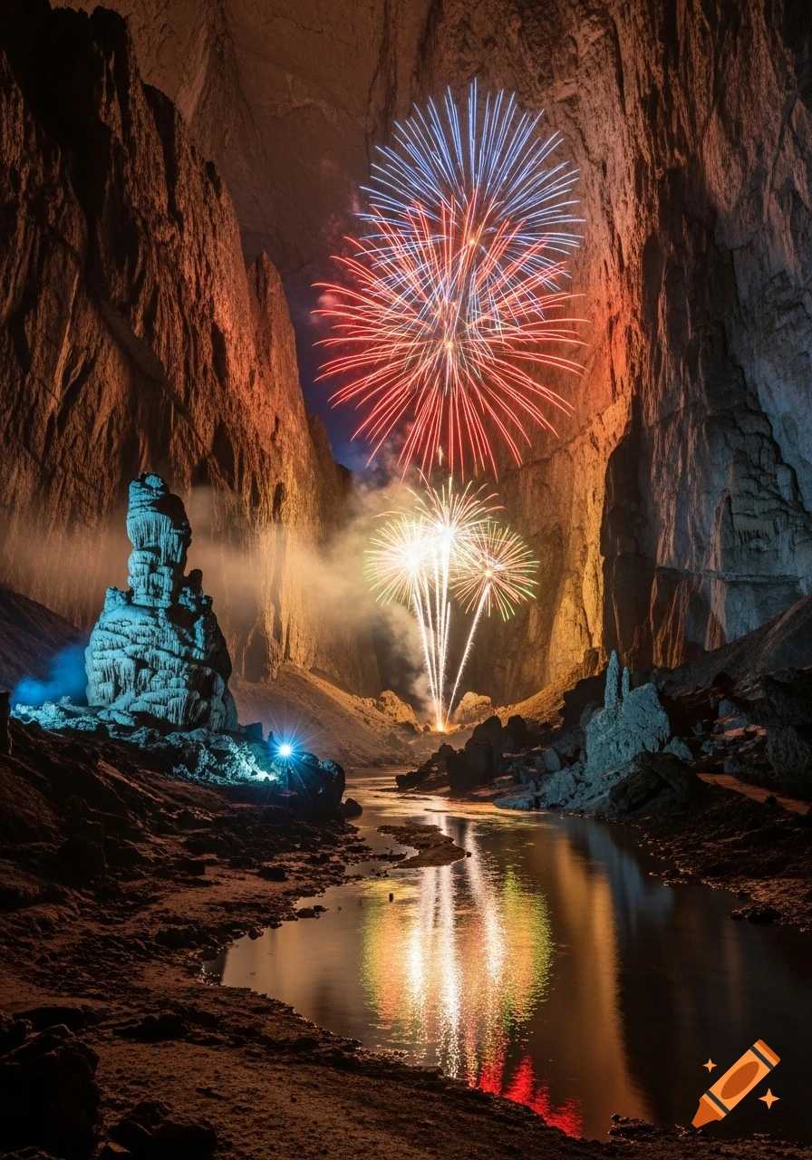 Colorful fireworks light up a vast cave, reflecting in a river, with a blue-lit rock formation.