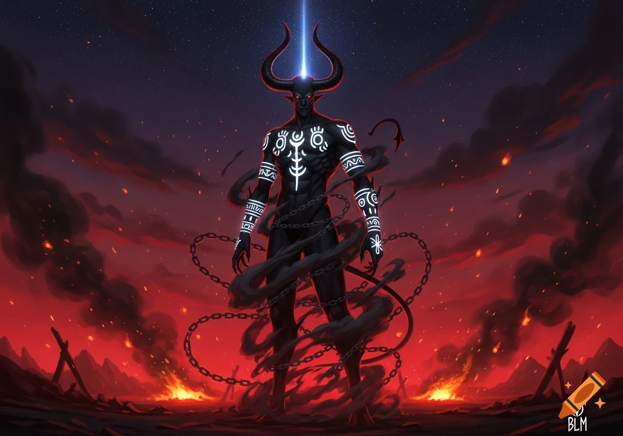 A black-skinned, horned demon with glowing white markings and chains stands in a fiery, smoke-filled hellish landscape under a starry sky, stylized.