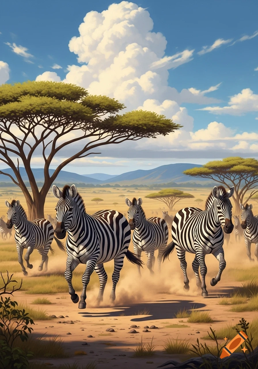A vibrant illustration of zebras running across a dusty African savanna under a cloudy blue sky.